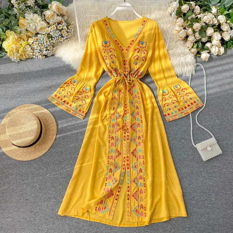 Vestido Bohe de estilo nacional para mujer, vestido de playa para vacaciones, vestido largo de lino y algodón bordado