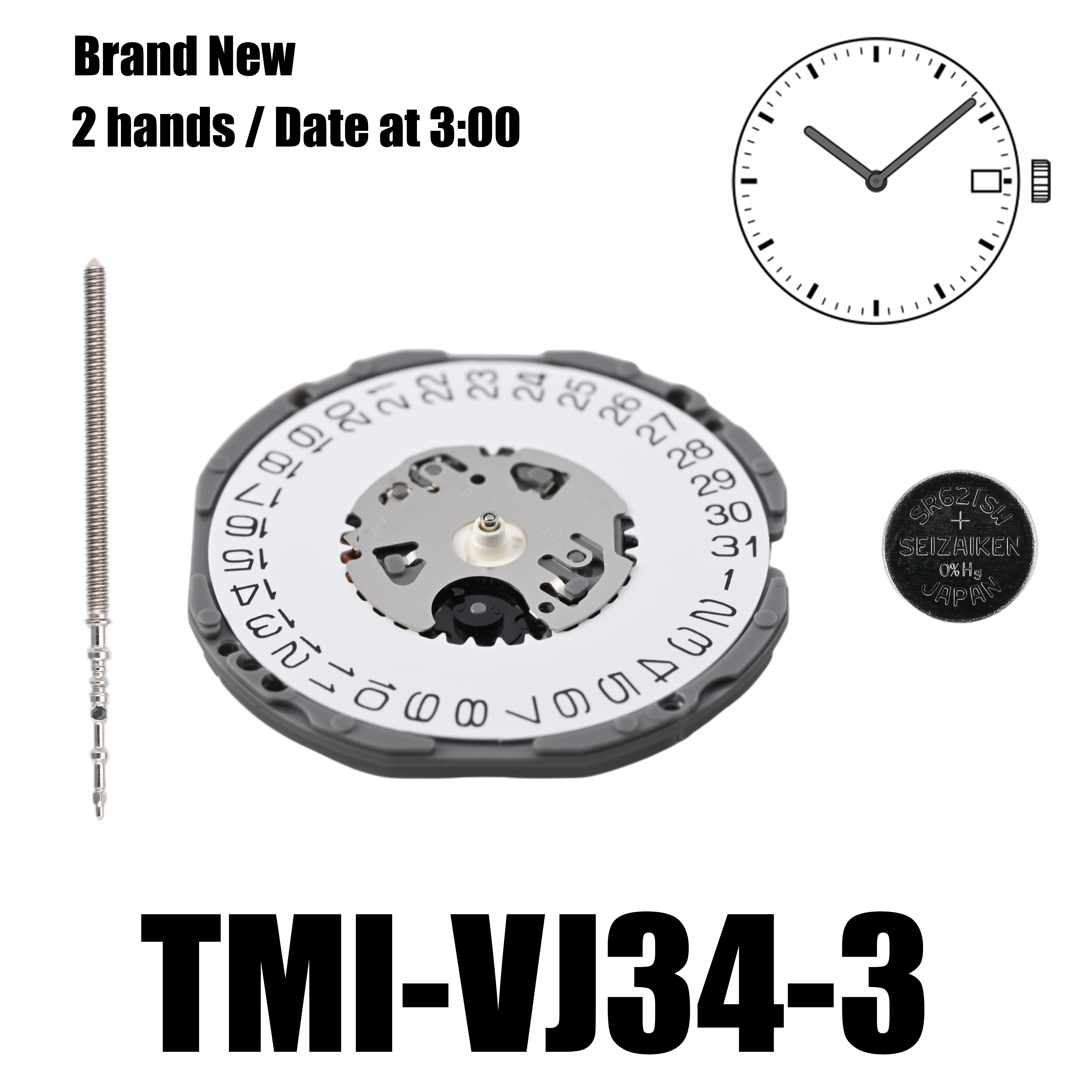 Brand New VJ34 Movement Orginal Genuine Japan TMI VJ34B Movement 2 hands / date at 6:00 Size: 12 ½‴  Height: 2.94mm