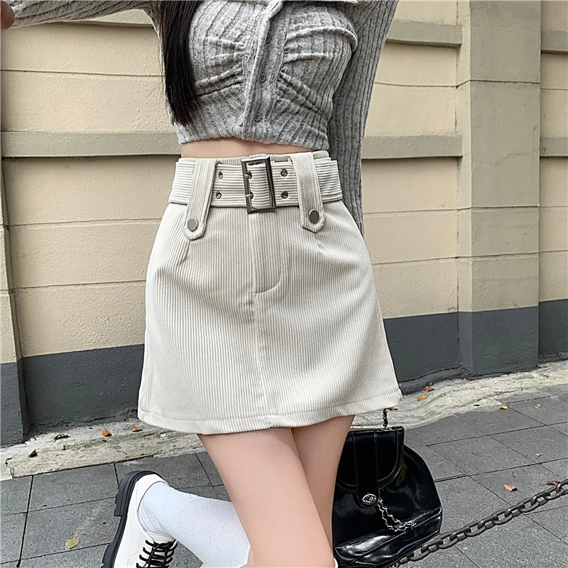 Belted Mini Corduroy Skirt with Matching Belt High Waist A-line Short Skirt Winter Women Teenage Girl Fall Y2K Outfit