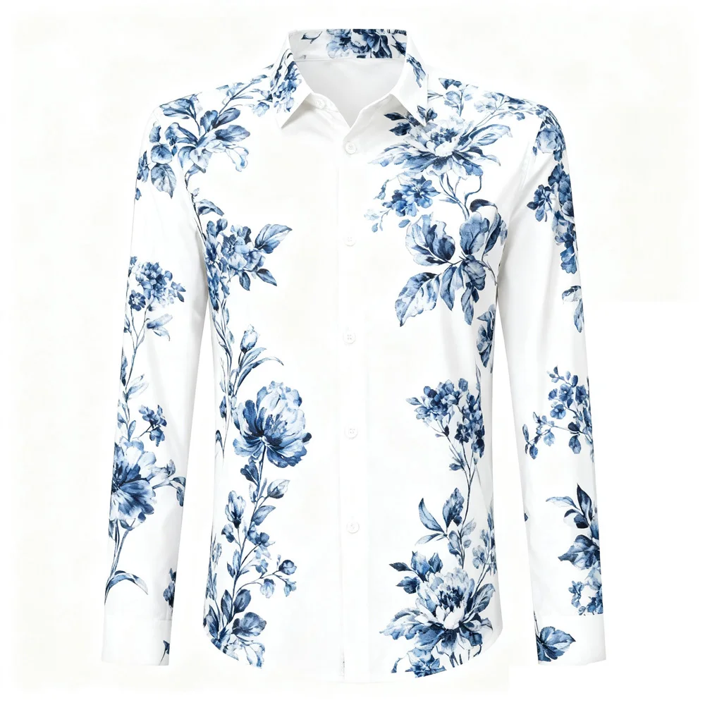 เสื้อเชิ้ตผู้ชายลายพืชธรรมชาติแบบใหม่ ผ้าเนื้อนุ่มยืดหยุ่นเล็กน้อย แขนยาว ปกเสื้อเชิ้ตแบบลาペル สไตล์ฮาวาย เหมาะสำหรับงานธุรกิจและงานปาร์ตี้