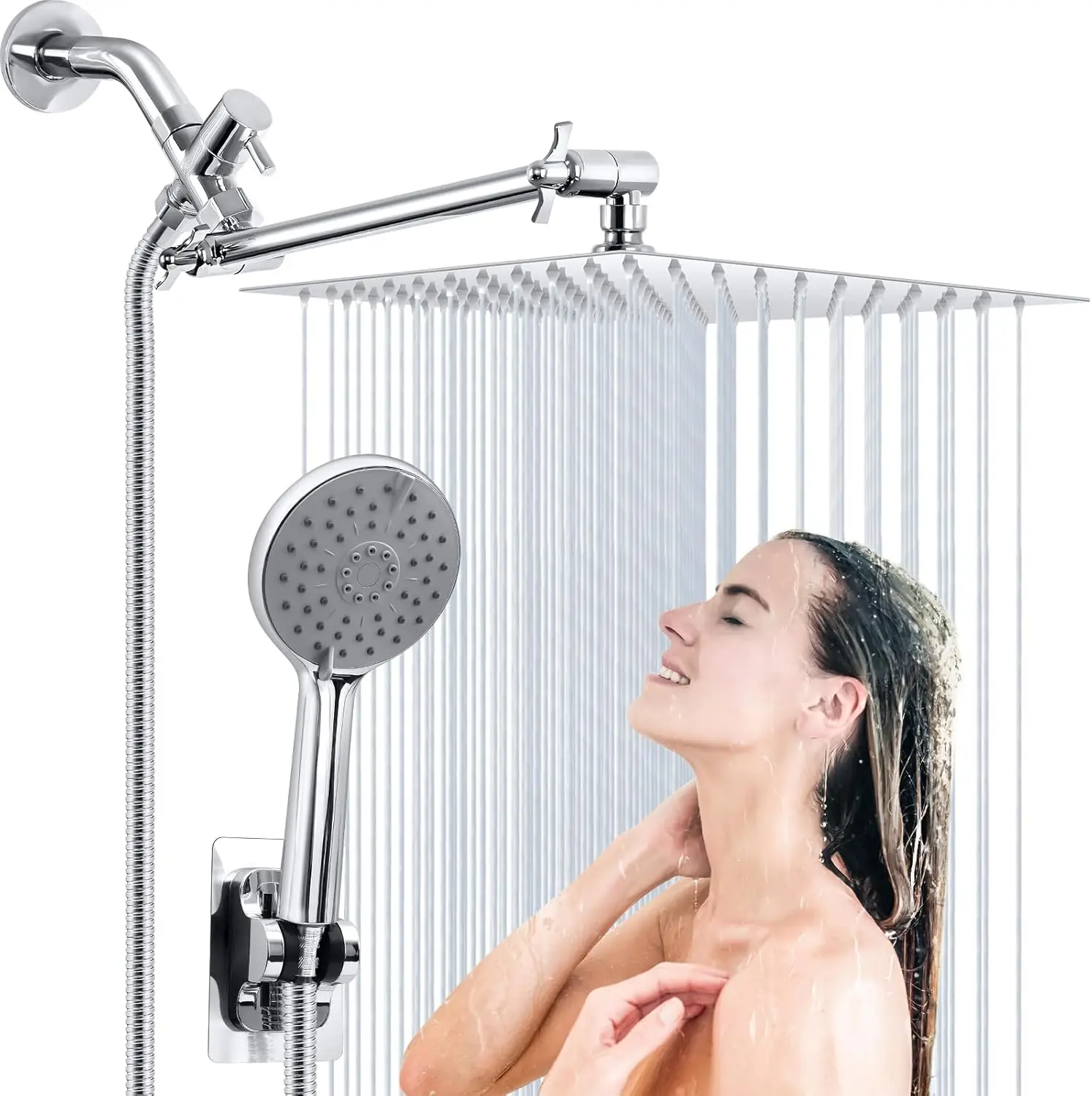 Showerhead With Handheld Sprayer,  12in Silver Waterfall Showerhead,Outdoor Rain Setting Shower Heads Combo