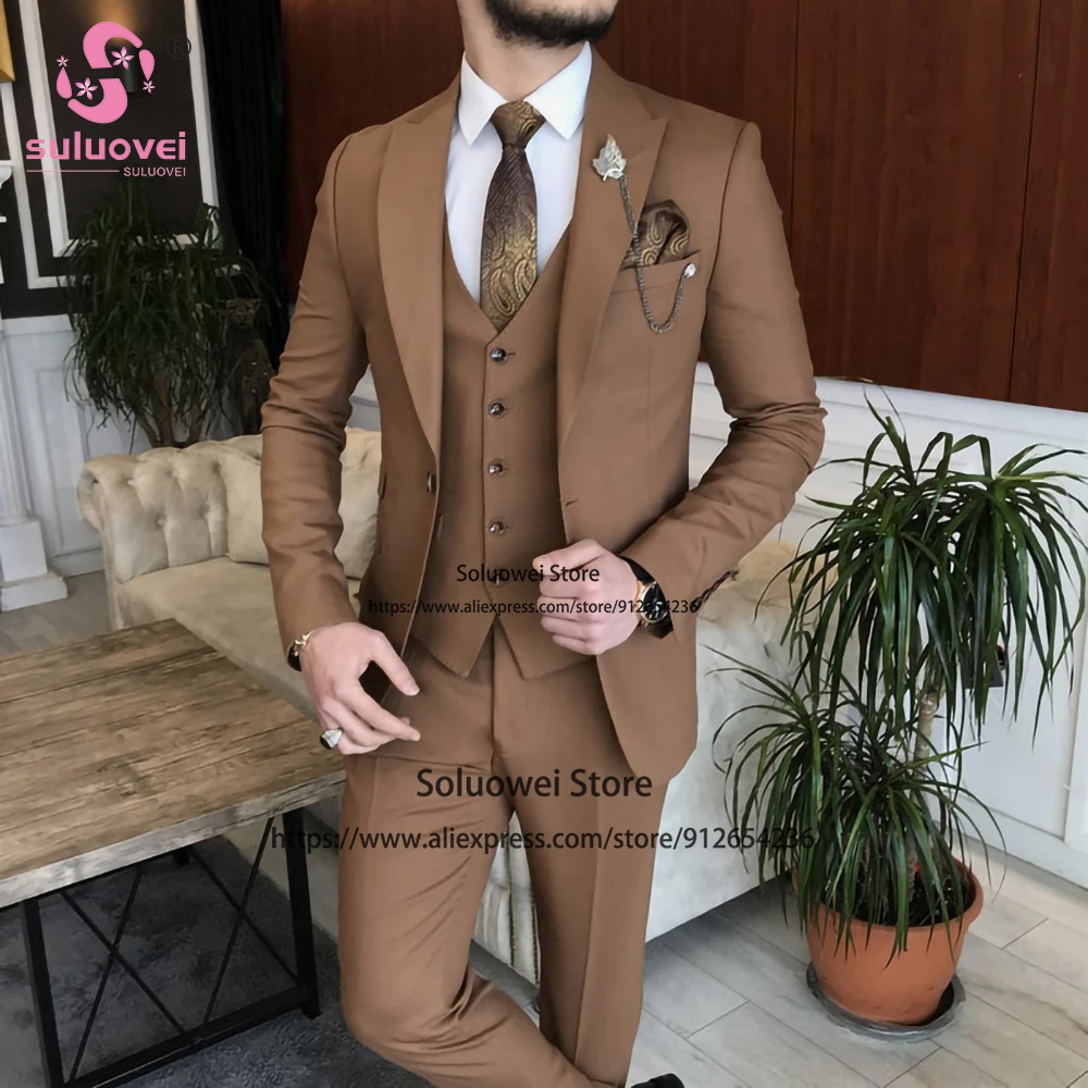 

Fashion Casual Slim Fit Suit For Men 3 Piece Jacket Vest Pants Set Male Business Blazer Formal Groom Wedding Peaked Lapel Tuxedo
