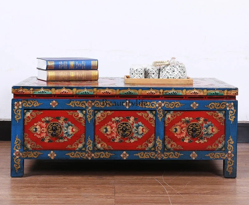 

LJY*coffee table solid wood painted antique square table Tibetan hand-painted elm furniture