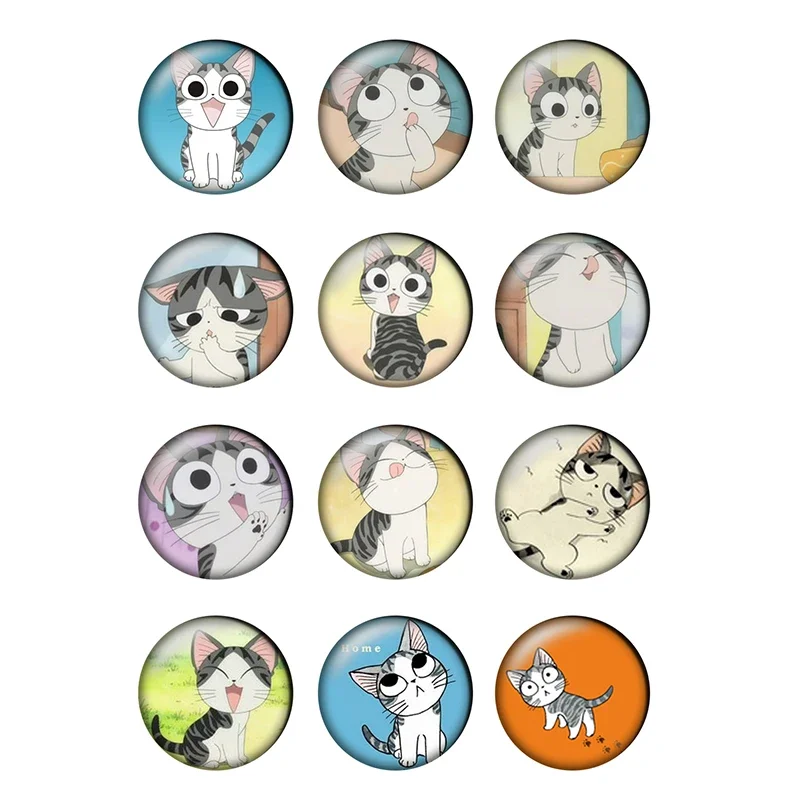 24pcs Cartoon Cute Cat Animal Painting Glass Snap Button Round Photo Glass Cabochon Demo Flat Back Making Findings H027