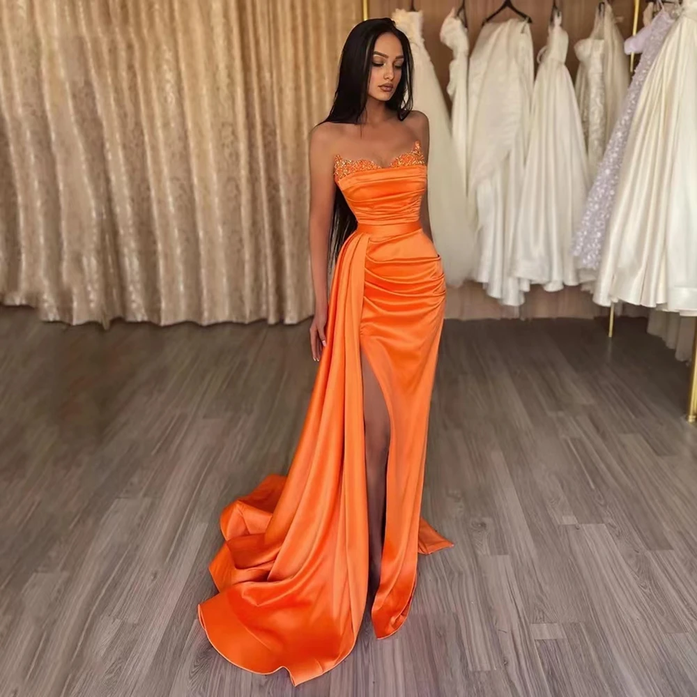 Angelsbridep Orange Mermaid Evening Dress Beaded Off Shoulder Bodycon Ruched Formal Prom Gowns Pleated Side Slit Celebrity Dress