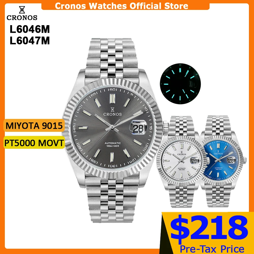 Cronos DateJ Luxury Men Watch Stainless Steel 5 Links Bracelet PT5000 Miyot 9015 100m Water Resistant Sapphire L6046M