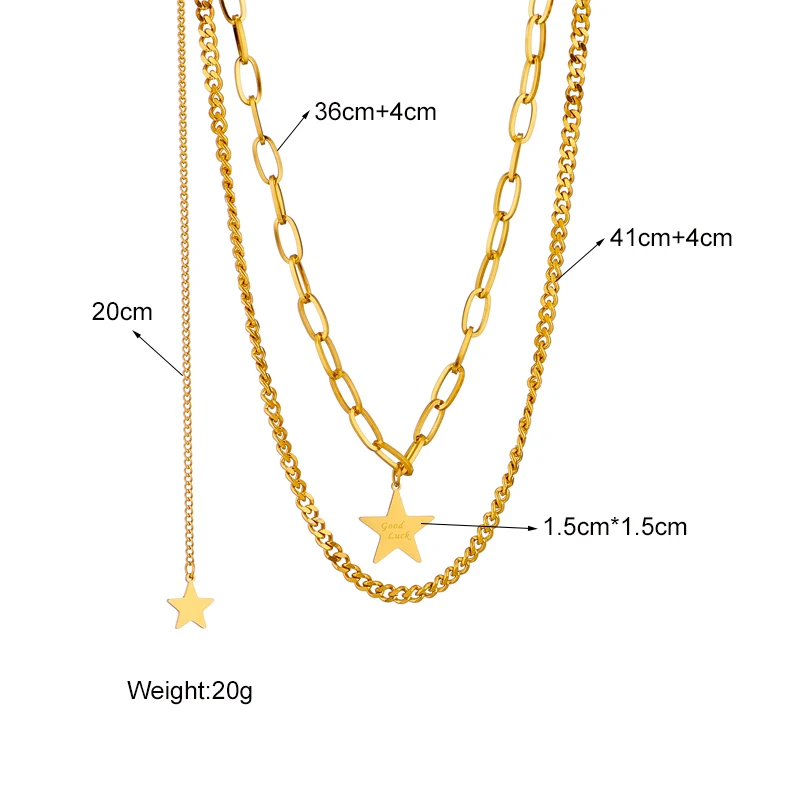 LAMENGLY 316L Stainless Steel Gold Color Lucky Pentagram Star Pendant Necklace For Women New 2in1 Chains Hip Hop Jewelry Gifts