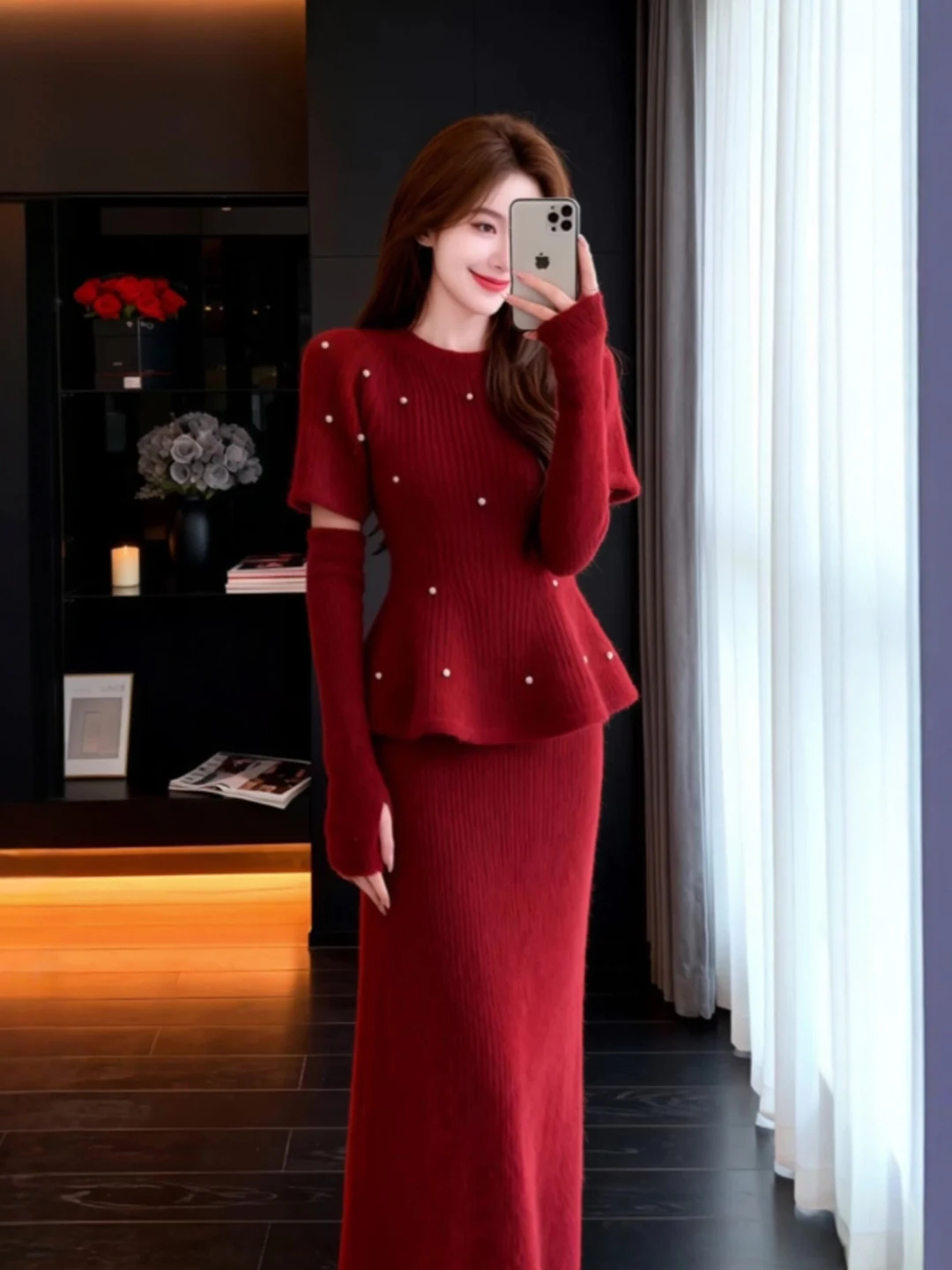 

Red Knitted Sweater And Skirt Set Women's Faion Gentle Sle High Waist Bodycon Midi Skirt Two Piece Ensemble Winter Comfor...