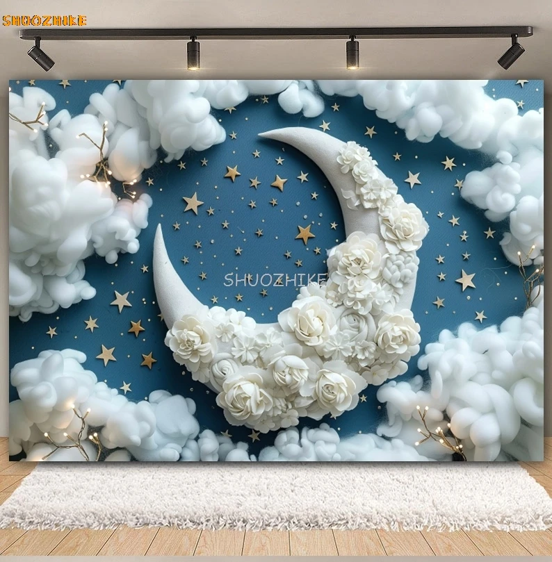 Фон для фотосъемки новорожденных на первый день рождения, луна, звездное небо, облако, воздушный шар, детский душ, вечерние фон, декор, фотостудия