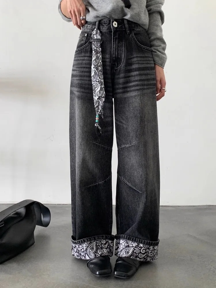 Y2K – jean à couteau incurvé épissé avec fleurs de cajou pour femme, jean amincissant, délavé, jambes droites, automne