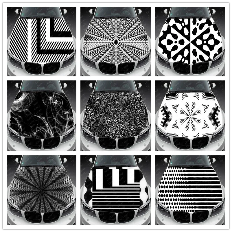 

Abstract Black and White Car Hood Vinyl Stickers Wrap Film Engine Cover Decals Sticker Universal Fit Any Car Auto Accessories