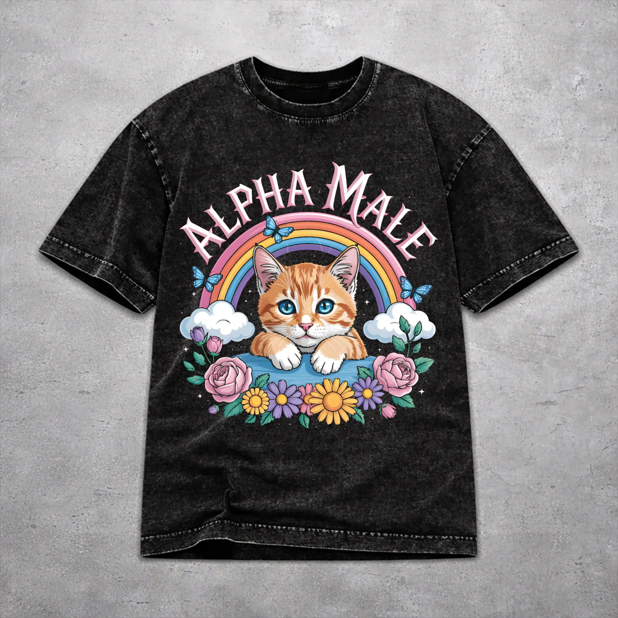 Alpha Male Cat Kitten Funny  T Shirt Vintage Washed Style For Men Women Pure Cotton Tee Shirts Clothing