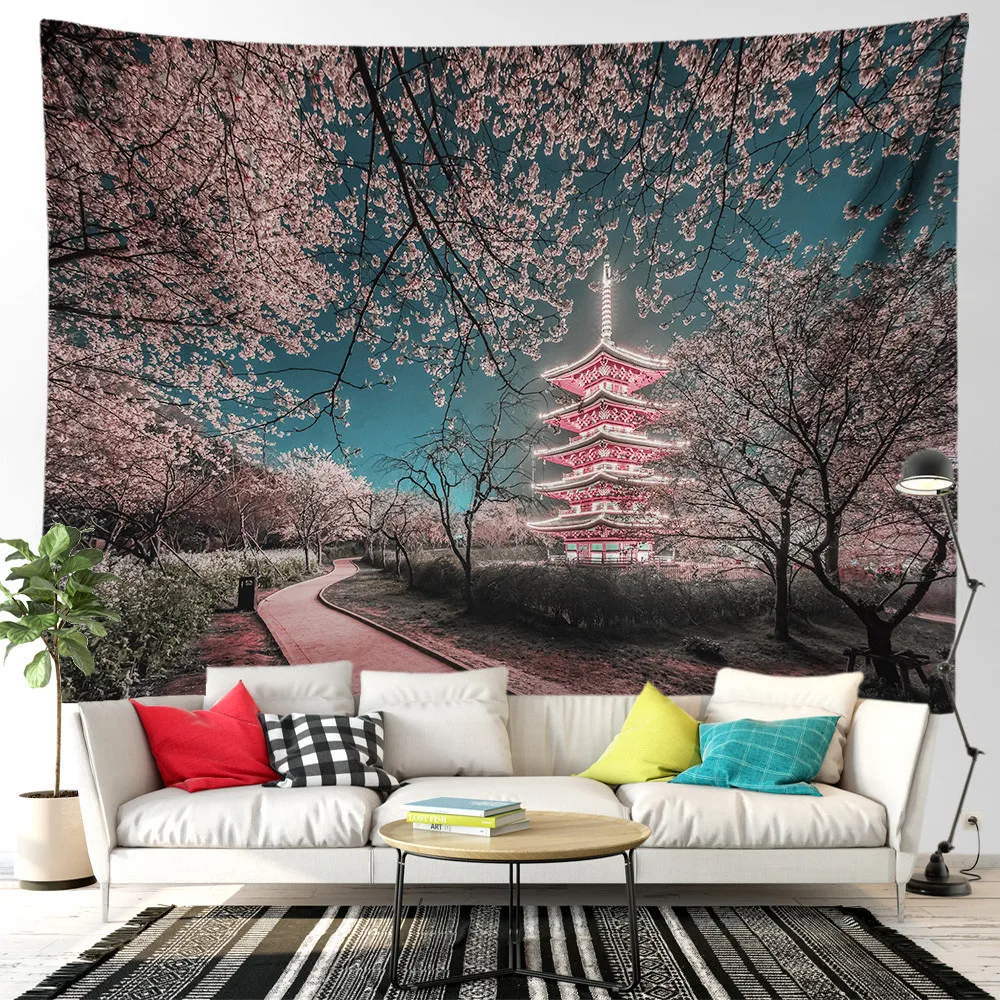 Pink cherry tree natural landscape mountain forest wall tapestry bedroom home living room  decorative 