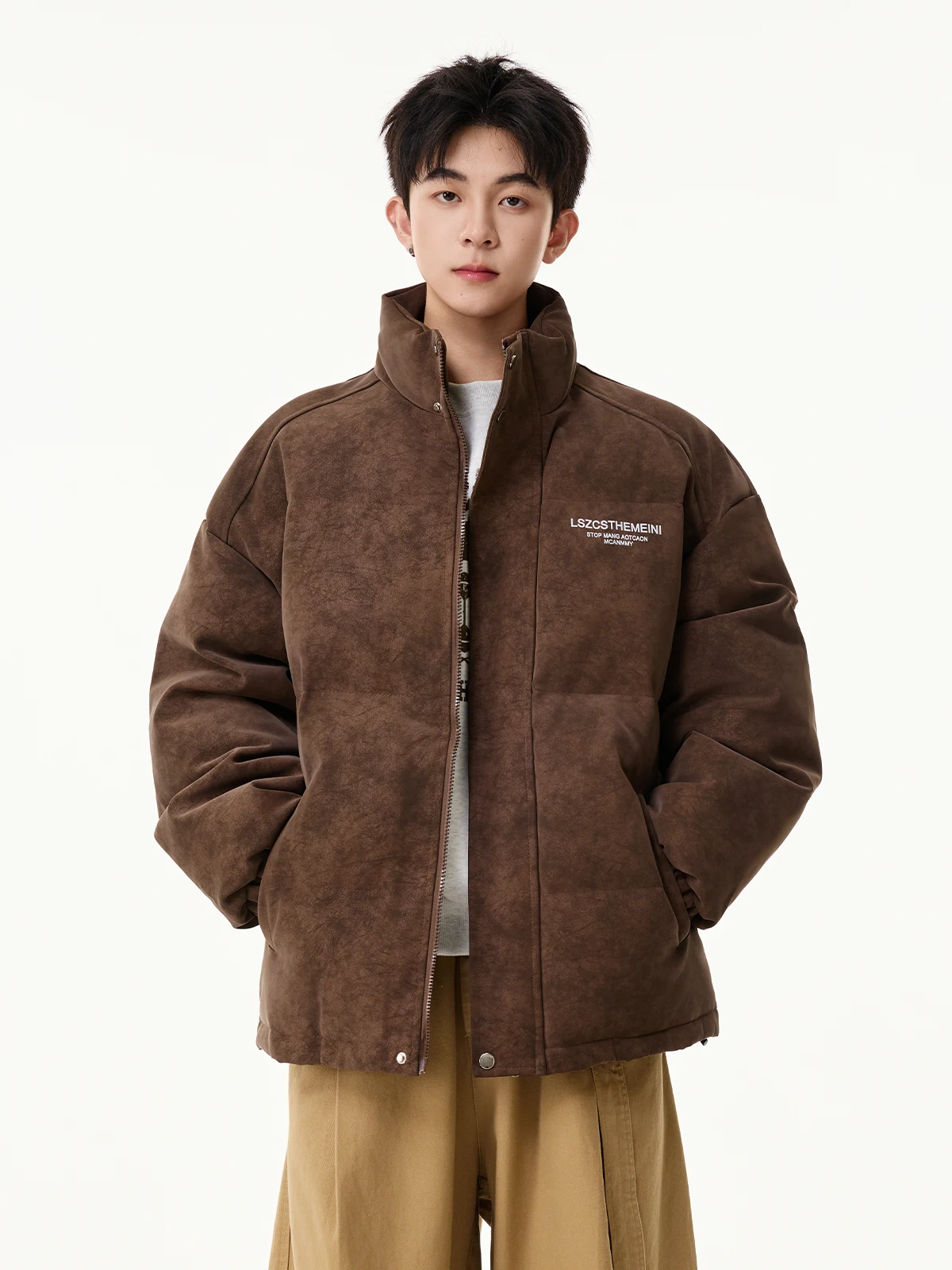 Jaket Pria Kulit PU Matte Katun Amerika, Model Trendy, Musim Gugur Musim Dingin, Baru, Longgar, Hangat, Kerah Tegak, Model Bread Coat