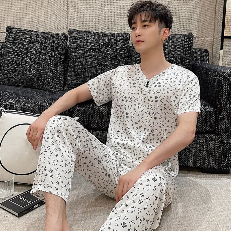 

2024 New Pajamas Men's Summer Thin Spotted Short-Sleeved Pants Suit Internet Celebrant TikTok Live Plus Size Home Clothes