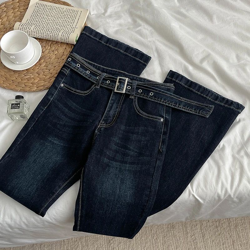 

Women Vintage Denim Flare Pants High Waist Solid Soft Long Jeans Female Versatile Casual Commute Boot Cuts Pants Lady Blue Pants