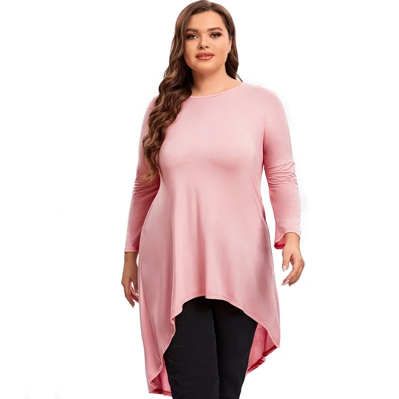 

Plus Size Long Sleeve Elegant Tunic Blouse Women Long Hi Low Fit Flare Spring Autumn Swing Tops T Shirt Large Size Clothing 7XL