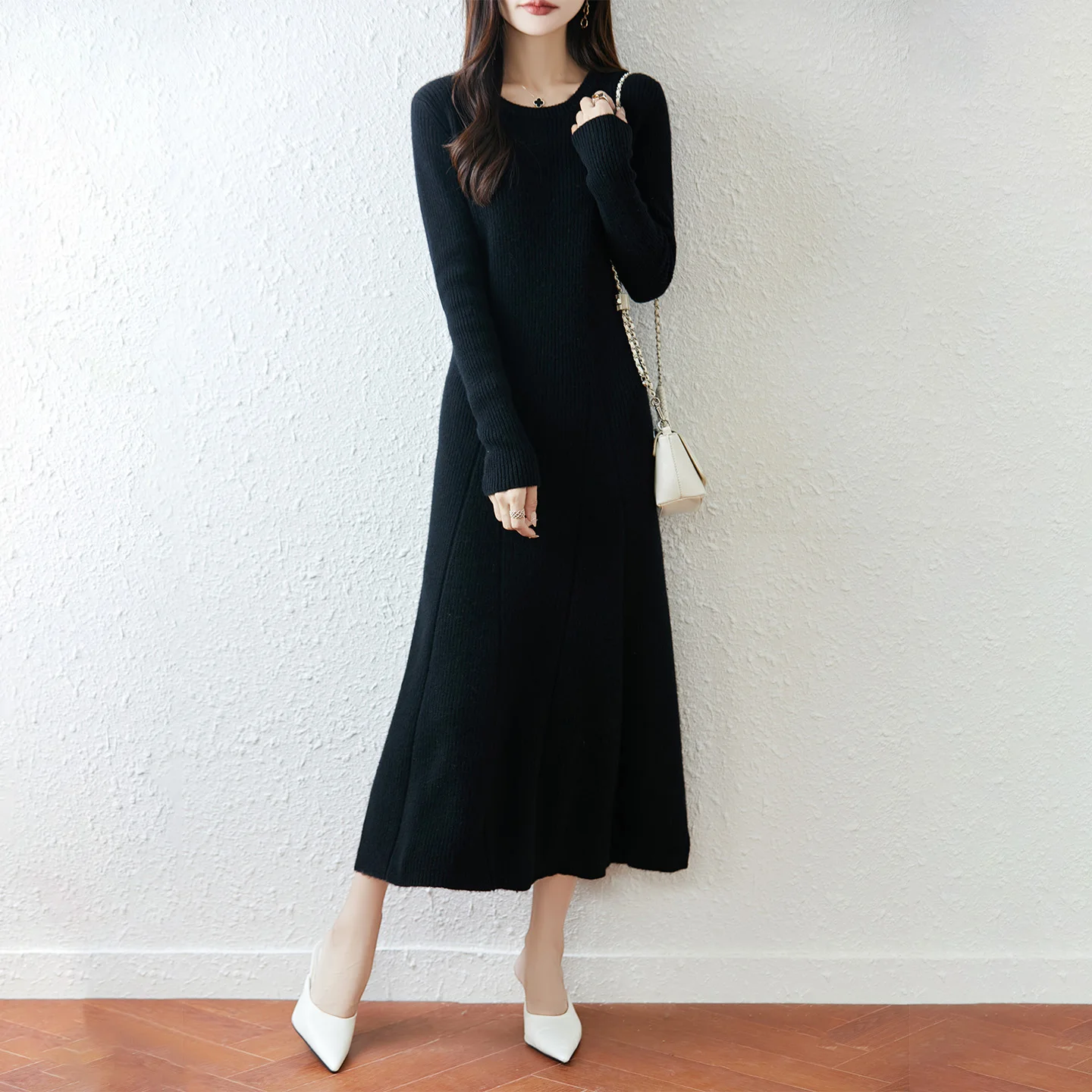 女性ロングドレス 100% メリノウールセーター O ネックスリムセクシーなニットウェア秋冬カジュアルファッション服女性シックなドレス