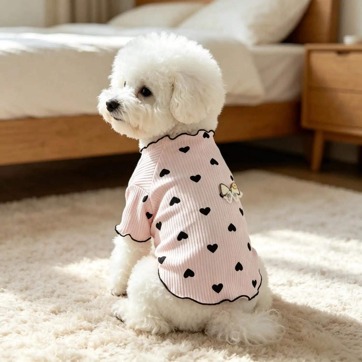 1 Stück geripptes Oberteil mit Herzmuster für kleine Hunde mit Spitzenschleife, lässiges Haustier-Shirt – Detail 9