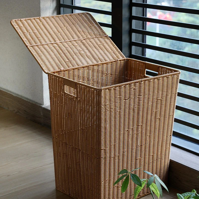 Bathroom Imitation Rattan Large Dirty Laundry Basket With Lid Living Room Large Capacity Storage Basket Organizers Home Supplies