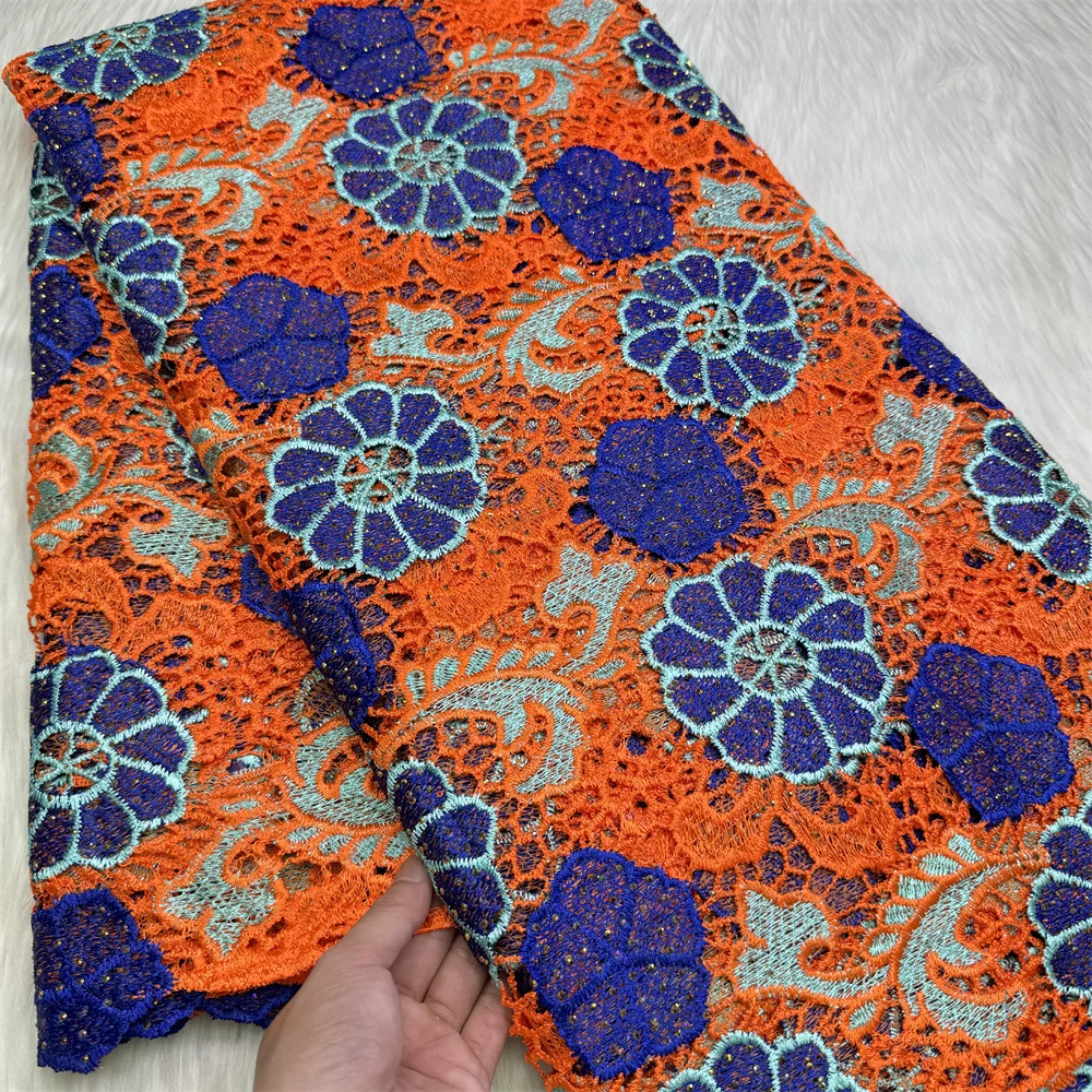 

Orange Fashion 5 Yards African Laser Embroidery Guipure Cord Lace Fabric High Quality Water Soluble Lace For Wedding PartyW205-1