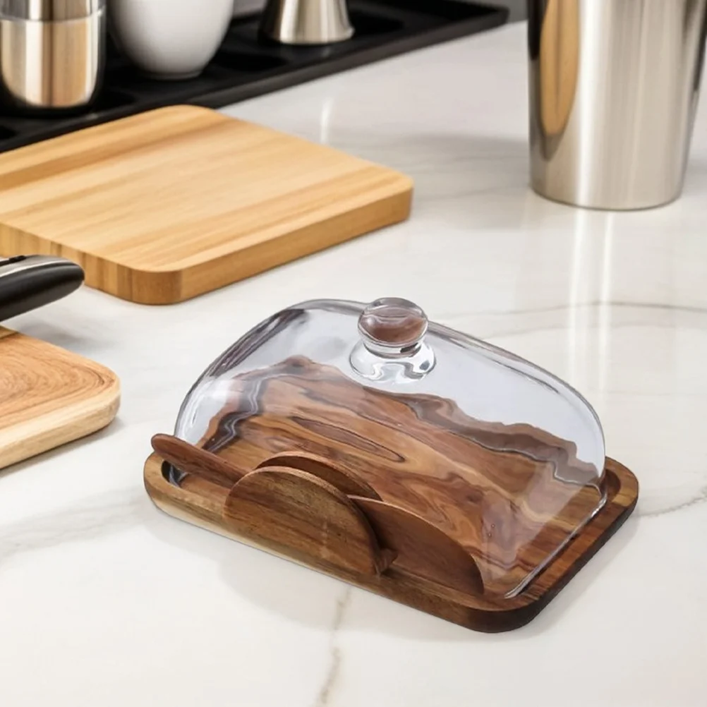 

Elegant Wood Butter Storage Box with Clear Glass Lid Countertop Cream Cheese Container for Baked Goods Snacks Kitchen Freshness