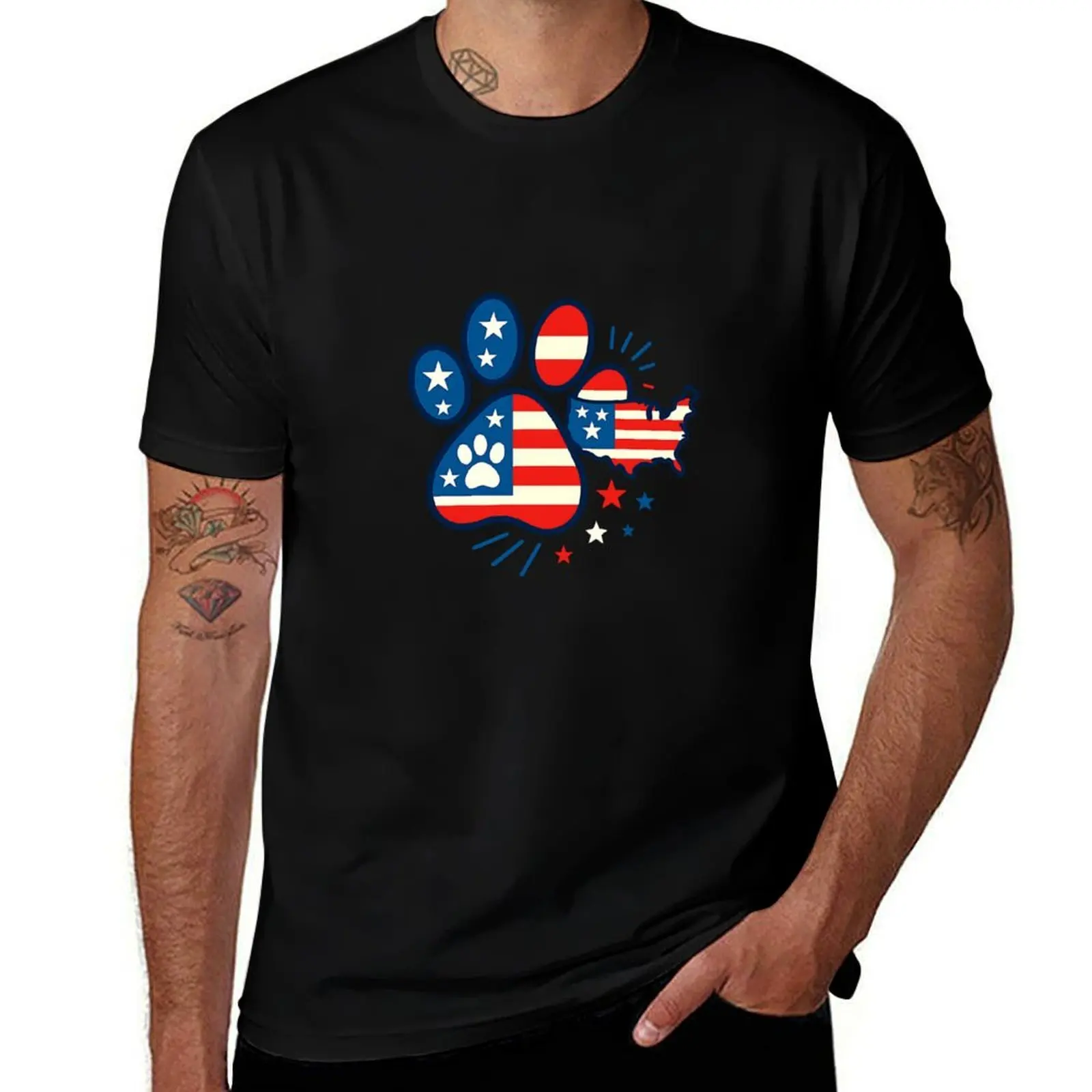 

Patriotic Heart American Flag 4th Of July Dog Paw Prints Pet T-Shirt anime stuff customs sweat shirts, men