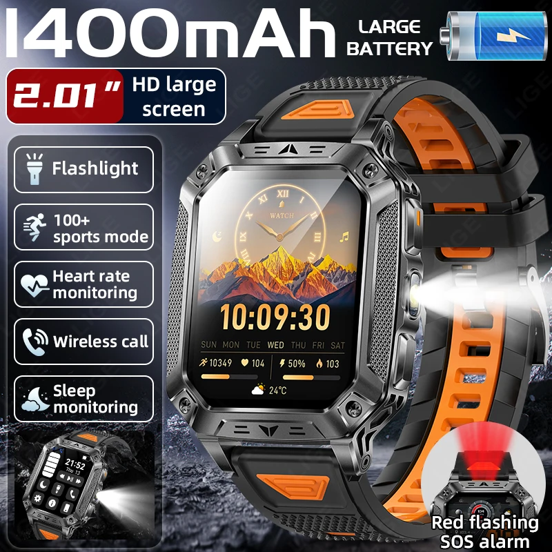

Смарт-часы для активного отдыха с пульсометром, водонепроницаемость IP68, светодиодный фонарик, военный стиль, аккумулятор 1400 мАч, для мужчин, новинка 2026 года