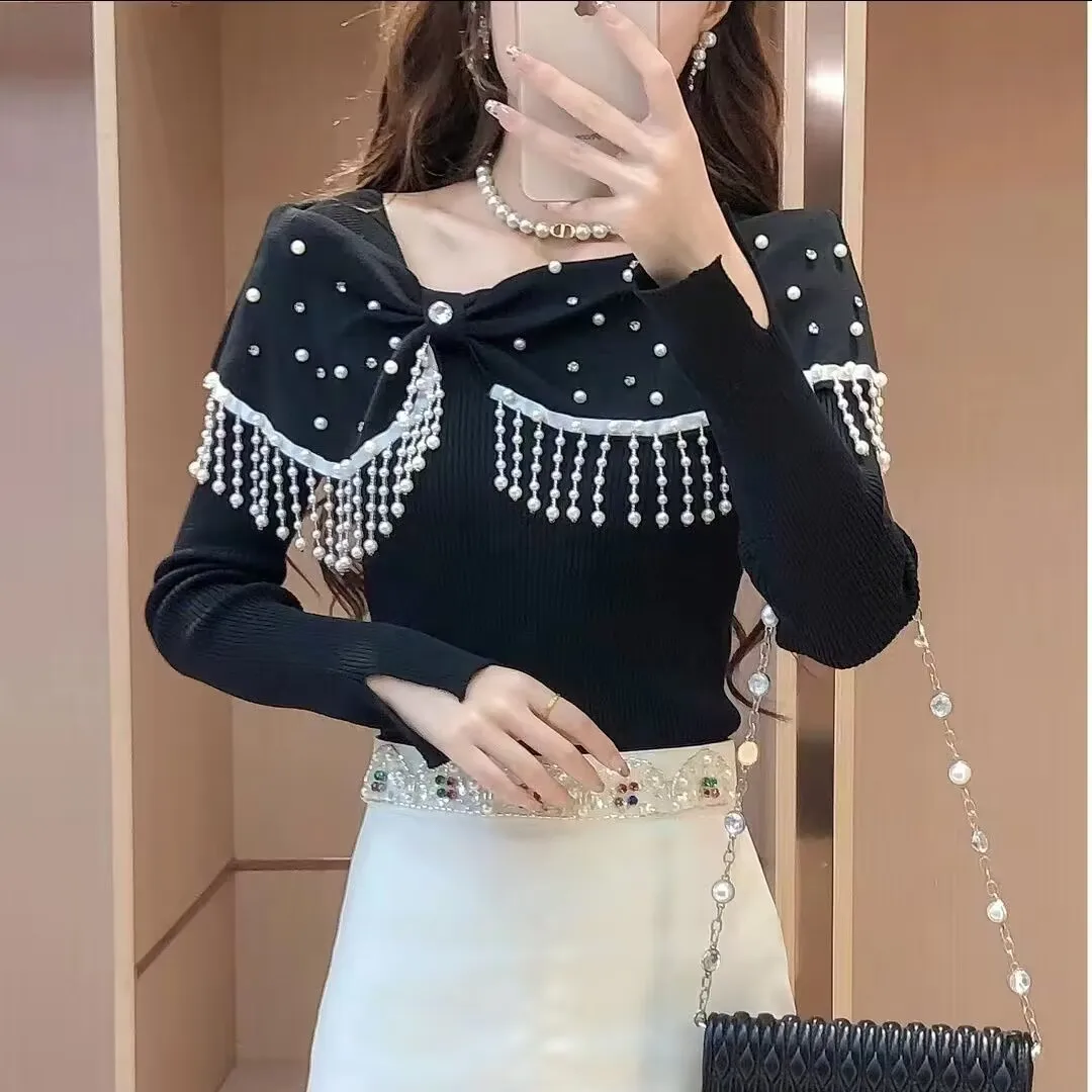 

Luxury Beading Bow Knitted Sweater 2025 Women Spring Autumn Elasticity Slim Sweater Long Sleeve Office Lady Elegant Base Shirt