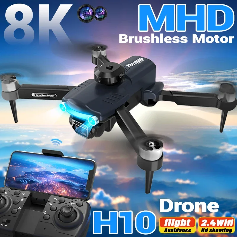 MHD H10 Foldable Brushless Drone 6K HD Dual Camera Optical Flow WiFi Professional Aerial Photography One Key Control Outdoor Toy