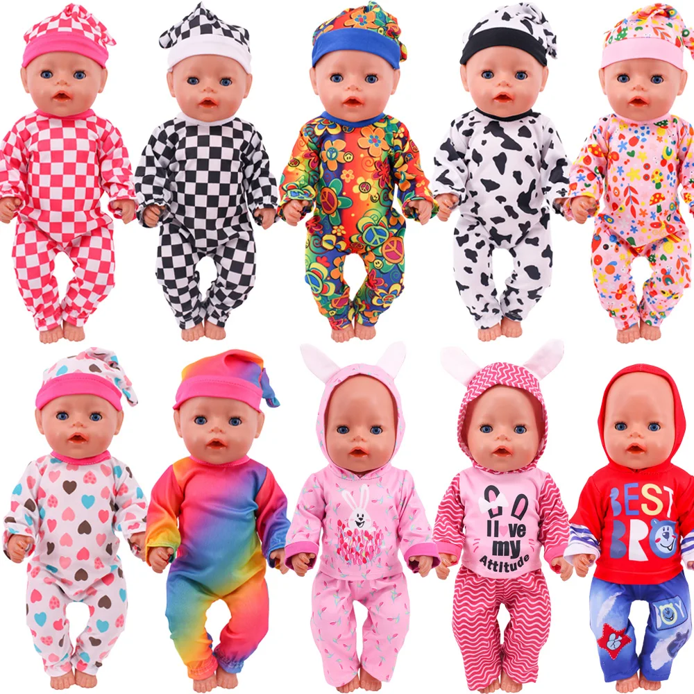 Doll Clothes 2Pcs/Set Clothes+Hat Daily Cute Outfit Pajamas For43CM Born Baby Doll&18Inch American Doll Accessories,Girl DIY Toy