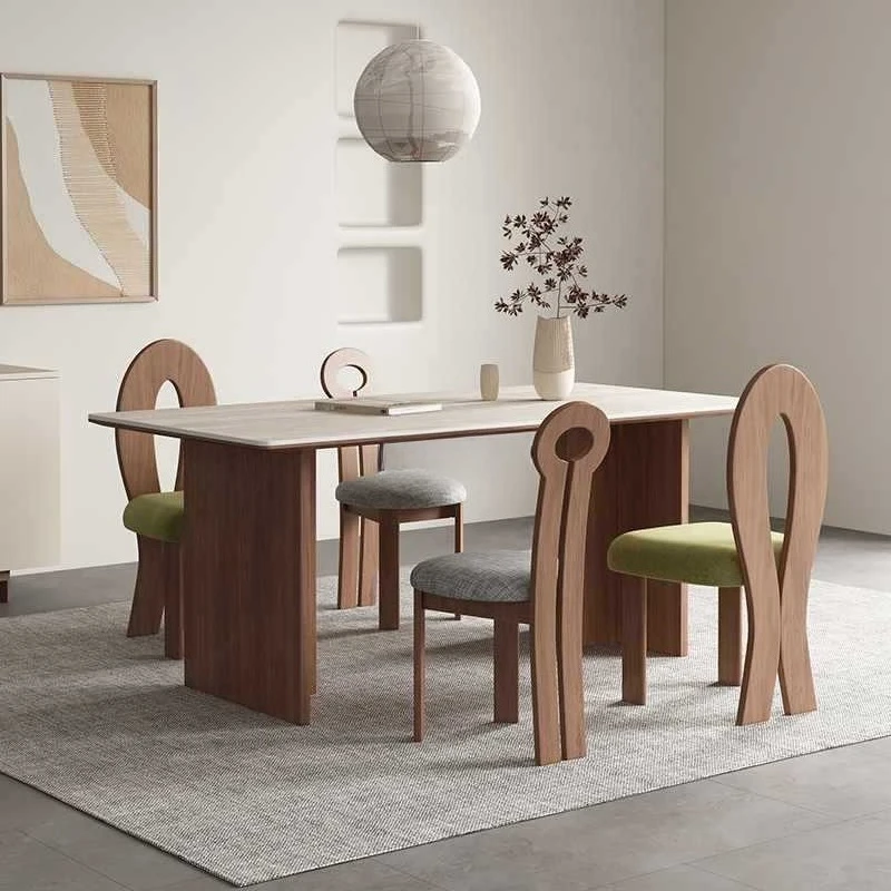 

French retro small apartment dining table and chair combination imported travertine rock slab walnut rectangle