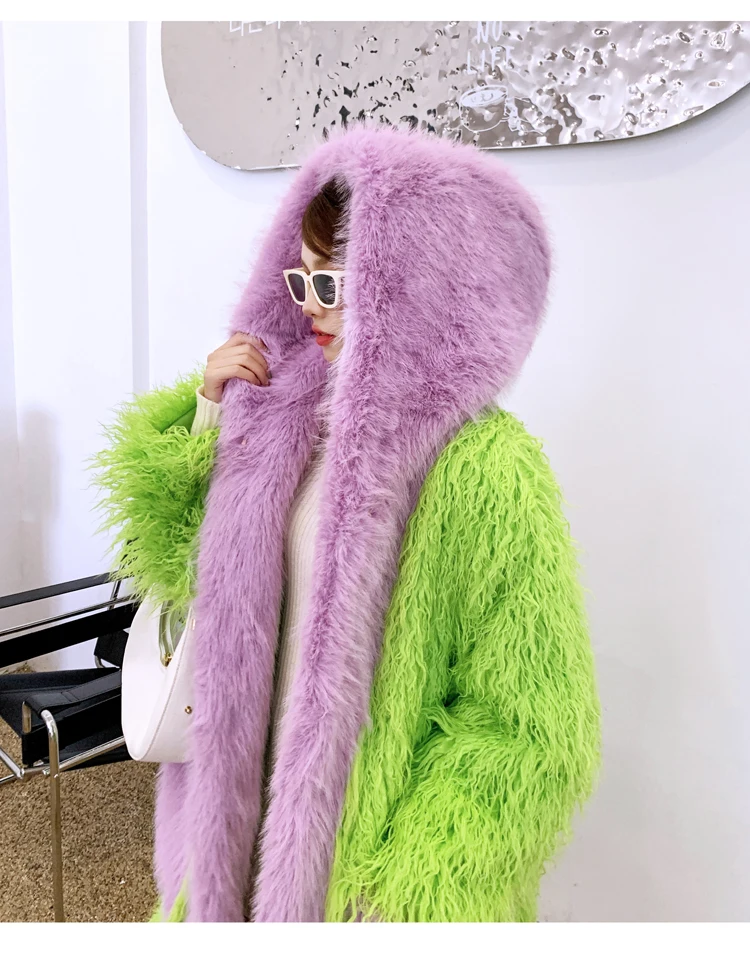 Lady Personalized Fluorescent Green Faux Fur Coat Hooded Long Jacket Female Streetwear Women\'s Winter Coats Performance Costume