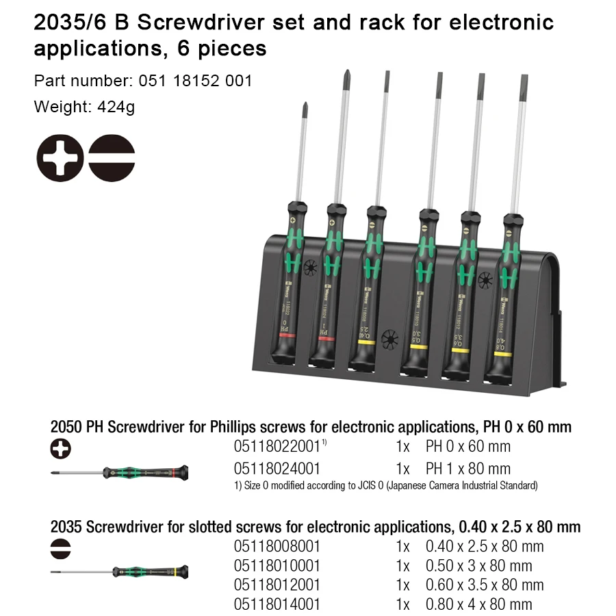 WERA 05118150001 05118152001 Precision Screwdriver Set 6Pcs and Rack for Electronic Application Anti-roll wrench 2035/6A 2035/6B