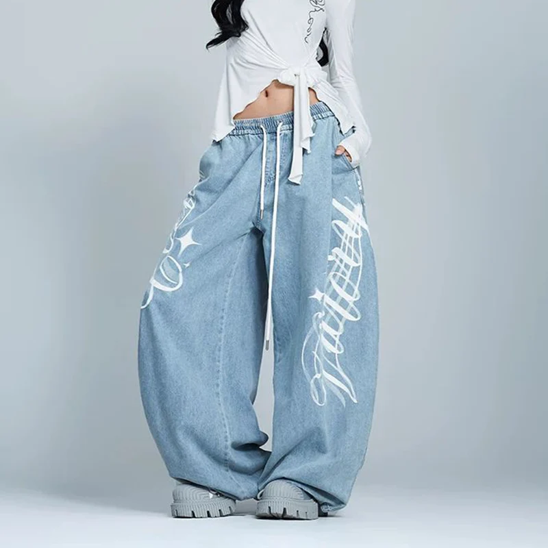 

Vintage Loose Jeans Women Letter Print Y2K Streetwear Hip Hop Wide Leg Denim Pants High Waist Casual Harajuku Drawstring Trouser