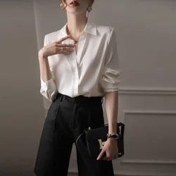 Clothes Fine Elegant Womens Shirt & Blouse Satin Tops for Women Formal White Silk with Sleeves Office Outfits Wear To Work Y2k M