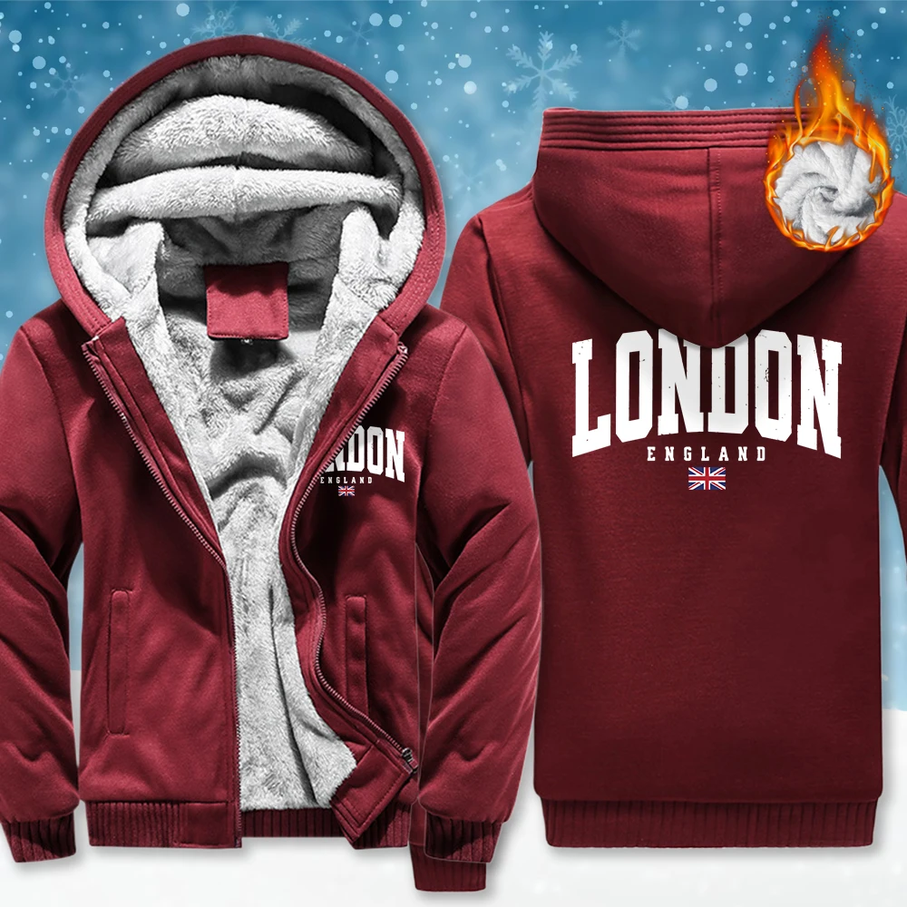 

London England Flag Printing Zipper Thicken Coat Men Loose Sweatshirt Fleece Soft Pocket Hoodies Winter Warm Male Long Sleeve