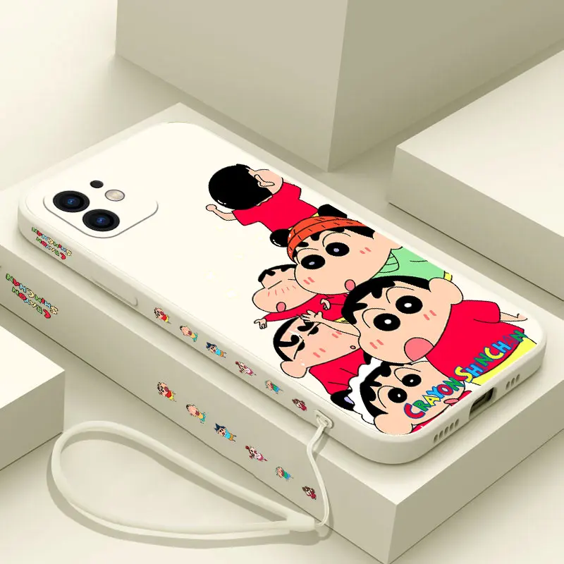 

Funny Crayon Shinchan Phone Case For iPhone 15 14 13 12 11 Pro Max Mini X XR XS MAX Plus Silicone Cases with Hand Strap