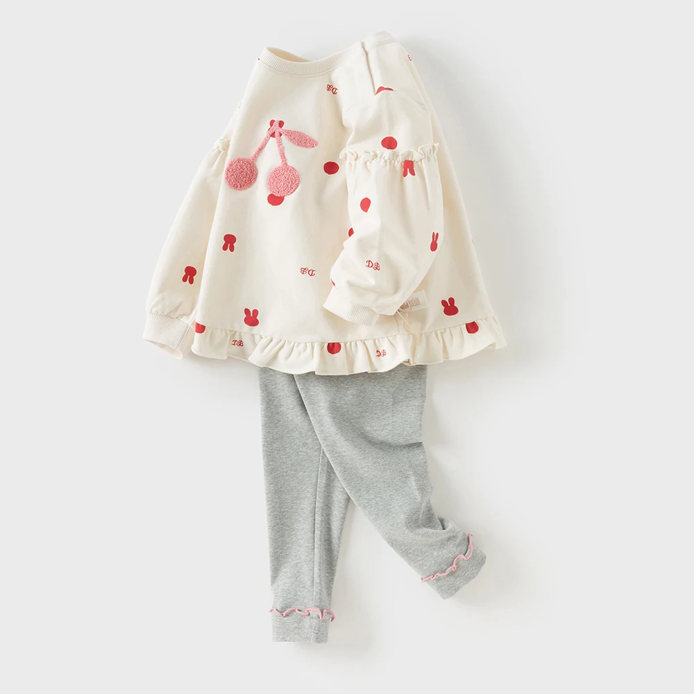 ديف بيلا الأطفال فستان أطفال مع سروال داخلي الفتيات طماق طويلة الأكمام عادية قطعتين الحلو لطيف الكرز طباعة في الهواء الطلق حفلة DB3253158 #3