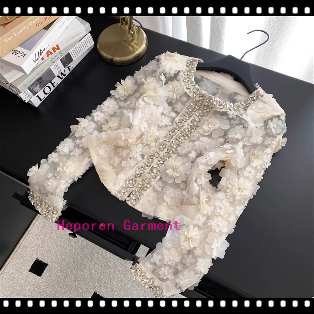 Ladies Flower Bling Coat 3D Floral Organza With Crystal Beads & Pearls Embroidery Luxury Boutique Short Top With Long Sleeves