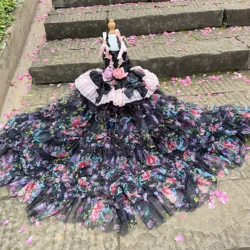 Luxury High-end Black Pink Roseflower Pet Dog Clothes Handmade Long Tail Princess Dress For Small Medium Dog Photography Skirts