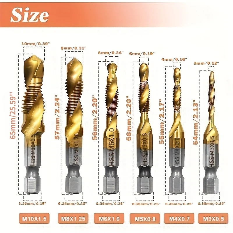 6pcs 1/4-Inch Hex Shank HSS Combination Drill Bit Set, Metric Thread M3-M10, for Wood Plastic Metal Drilling Tapping