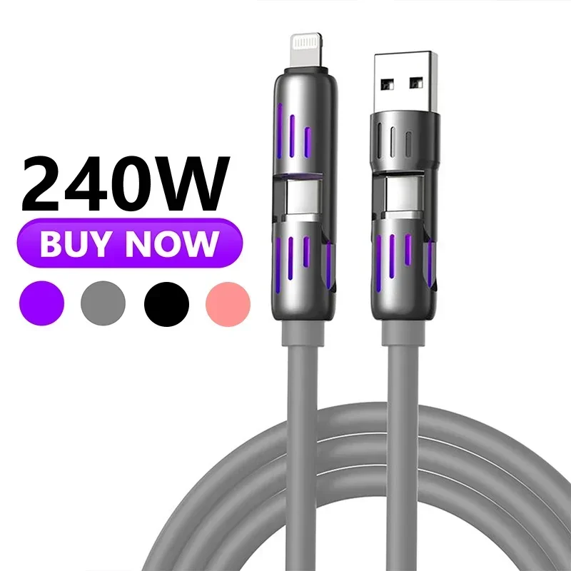 

4 in 1 Multi Connectors Charger Rotating Elbow USB to Type-C 1.2m Mobile Phone 240W Fast Charging Silicone Cable Data Transfer