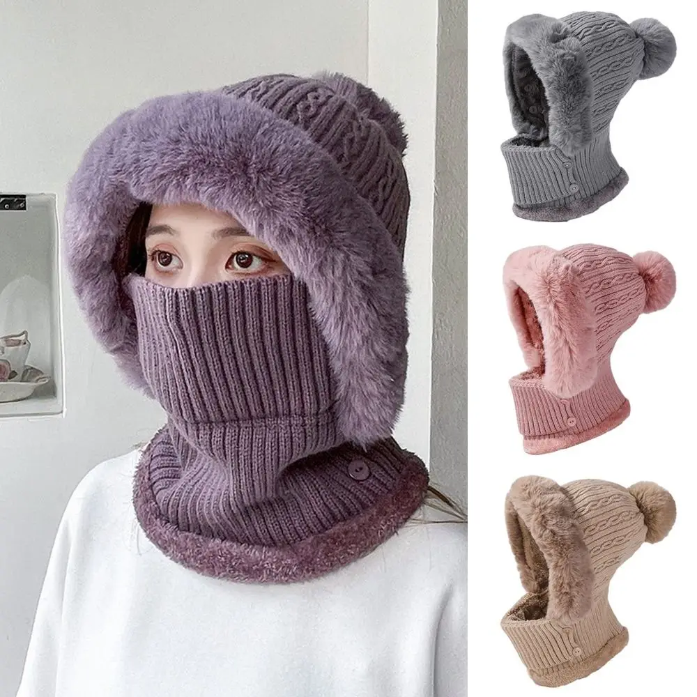 Autumn Winter Women Solid Color  Ears Protection Beanie Cap Neck Warmer Knitted Hat Face Cover