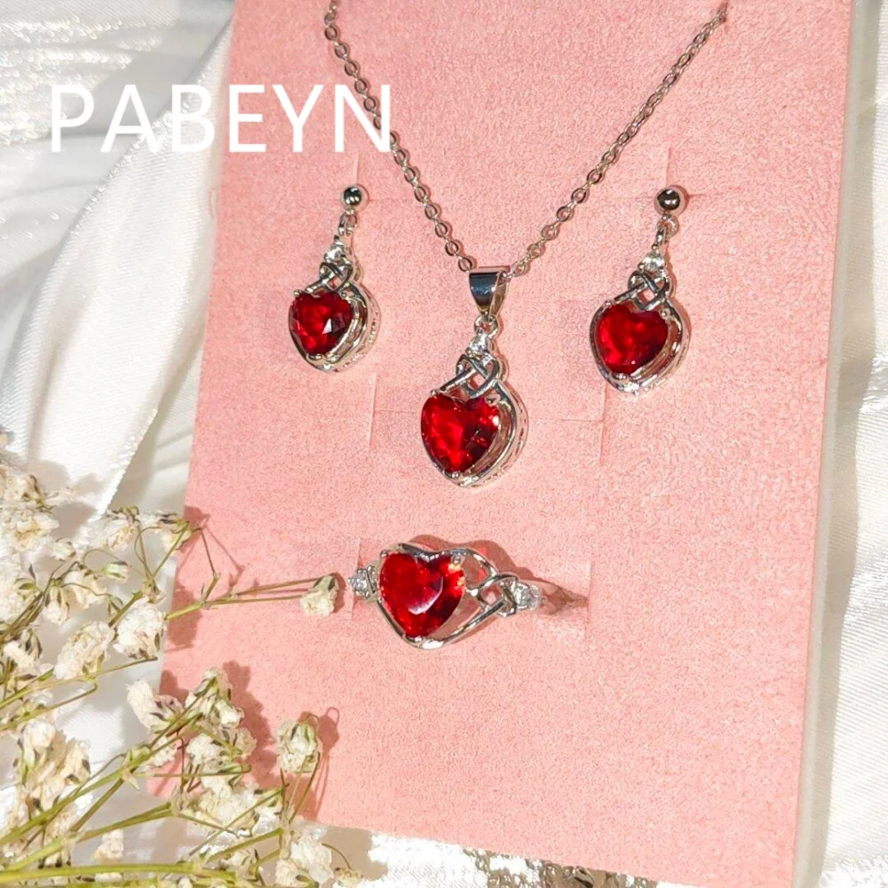 925 Sterling Silver Fashion Light Luxury Red Love Zircon Earrings Necklace Ring Set Birthday Party Anniversary Gift