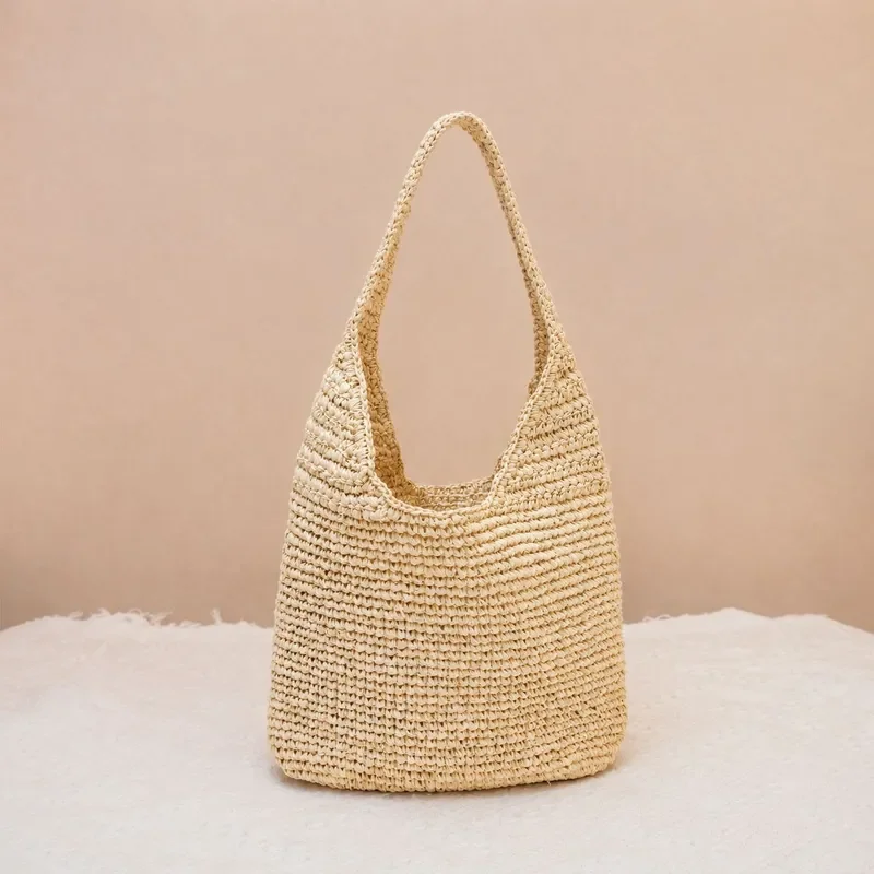 Raffia Hand-Woven Straw Shoulder Bag for Women – Lightweight Beach Vacation Bag with Versatile Styling
