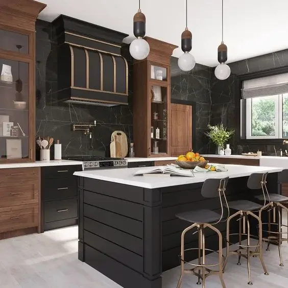 

Modern Interior Pvc Glossy Kitchen Cabinets With Island Black Solid Wood Plywood Furniture