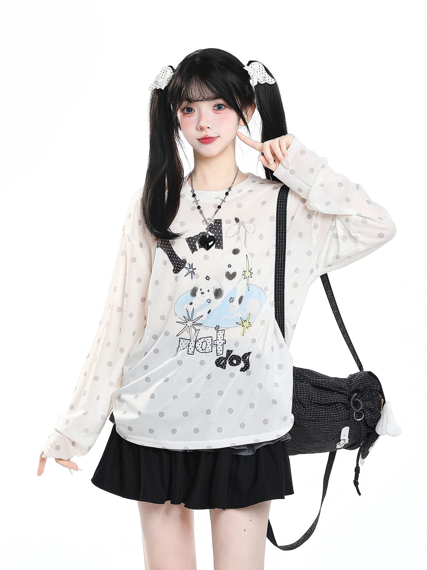 Cute Polka Dot Cartoon Print Long Sleeve T-Shirt Women Summer Loose Slimming Thin Breathable Transparent Sun Protection Cover up