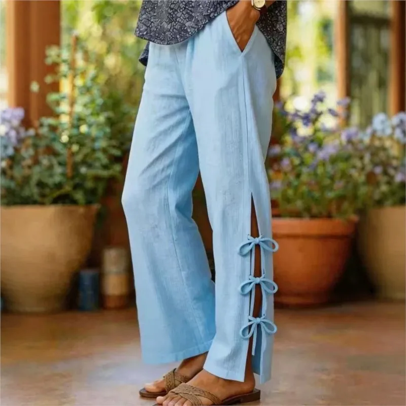 Casual Street Pants Side Tie Bow Elastic High Waist Wide Leg Pants 2026 Spring Summer Solid color Long Wide Leg Trousers Y2k