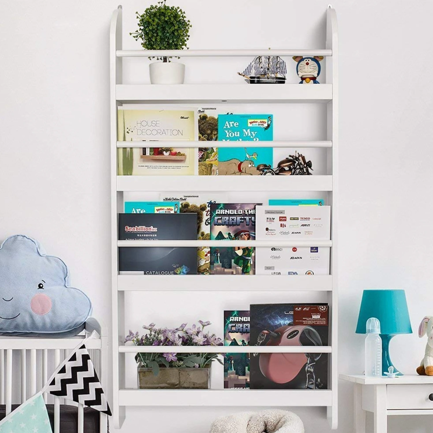 Estante de parede infantil Getone, estante para armazenamento com 4 camadas, prateleiras brancas infantis, 113x59x12cm